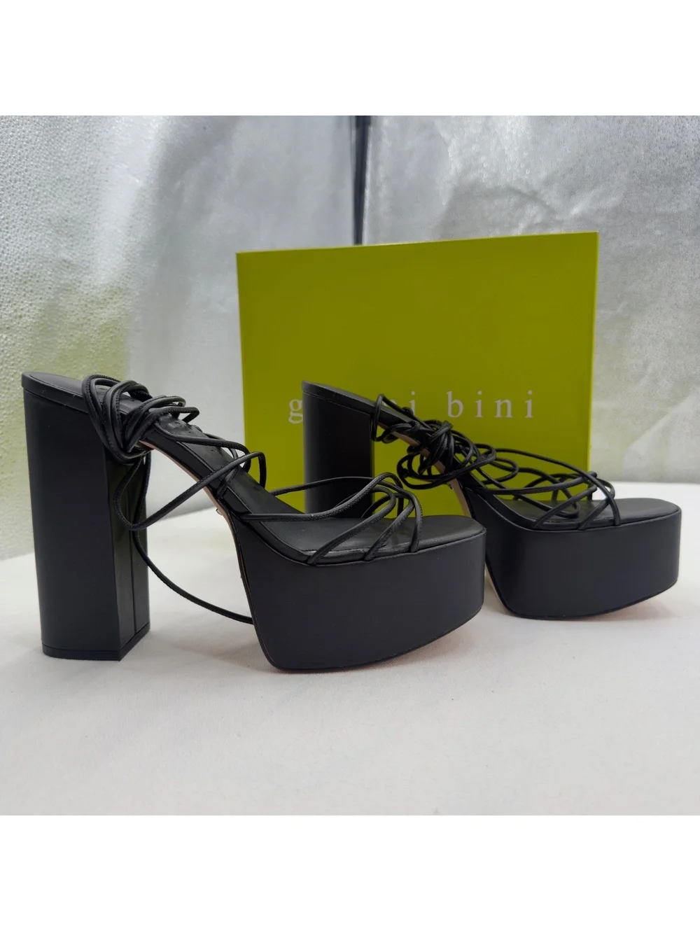 NEW Gianni Bini Rixey Leather Black Platform Chunky Block Heels Strappy Lace Up